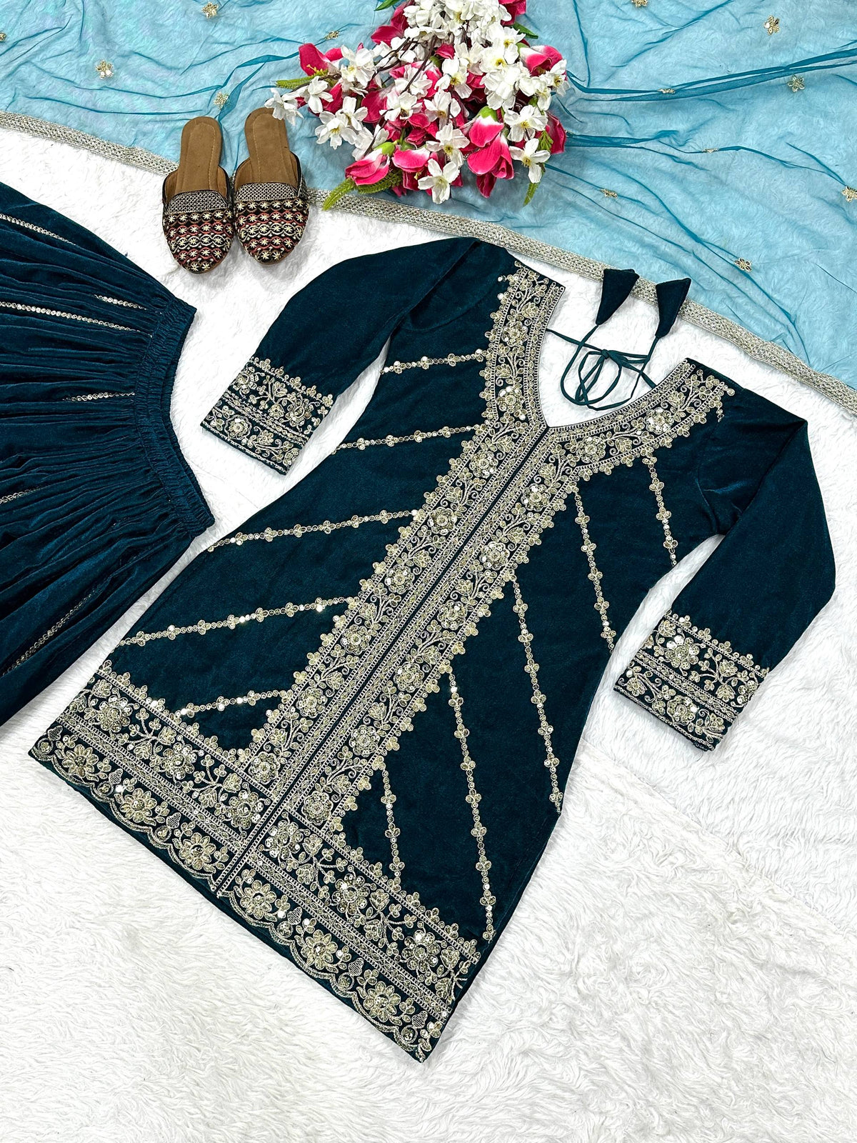 Mehrnoor Heavy Velvet Embroidered Sharara Palazzo Suit with Butterfly Net Dupatta