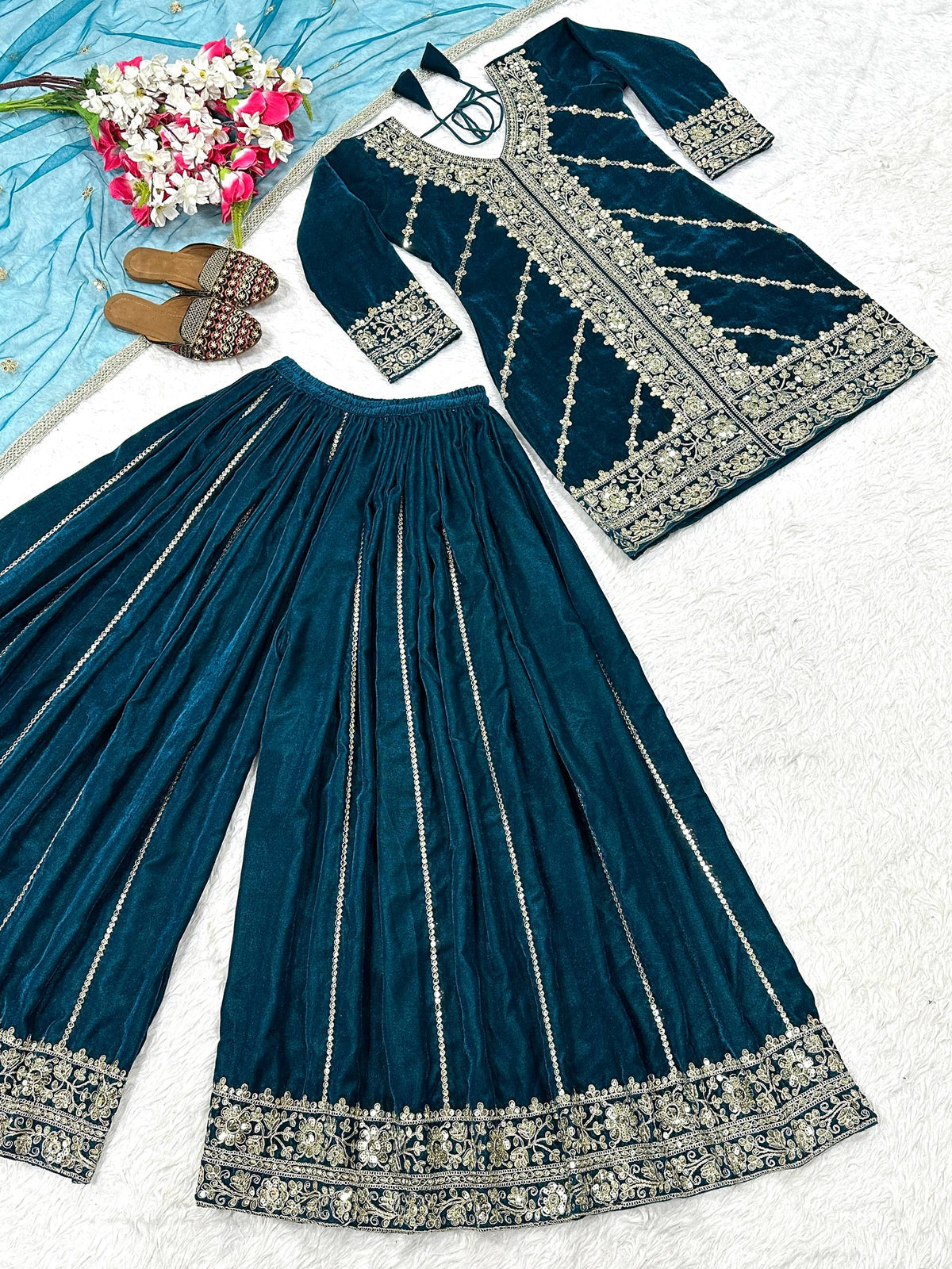 Mehrnoor Heavy Velvet Embroidered Sharara Palazzo Suit with Butterfly Net Dupatta