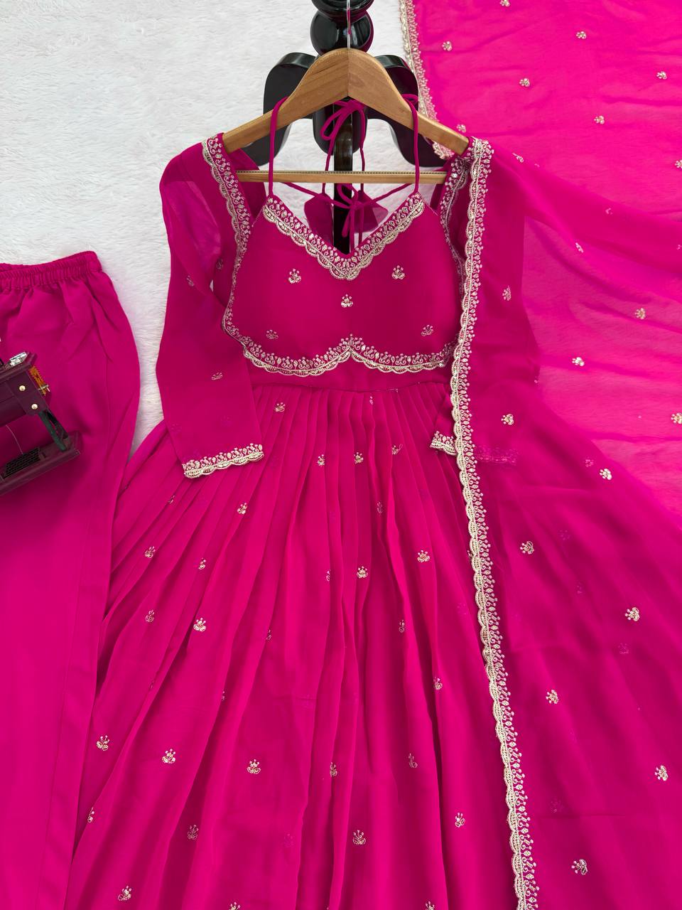 Aaliya Faux Georgette Anarkali Suit with Thread Sequin Work, 4 Meter Flair & Lace Border Dupatta