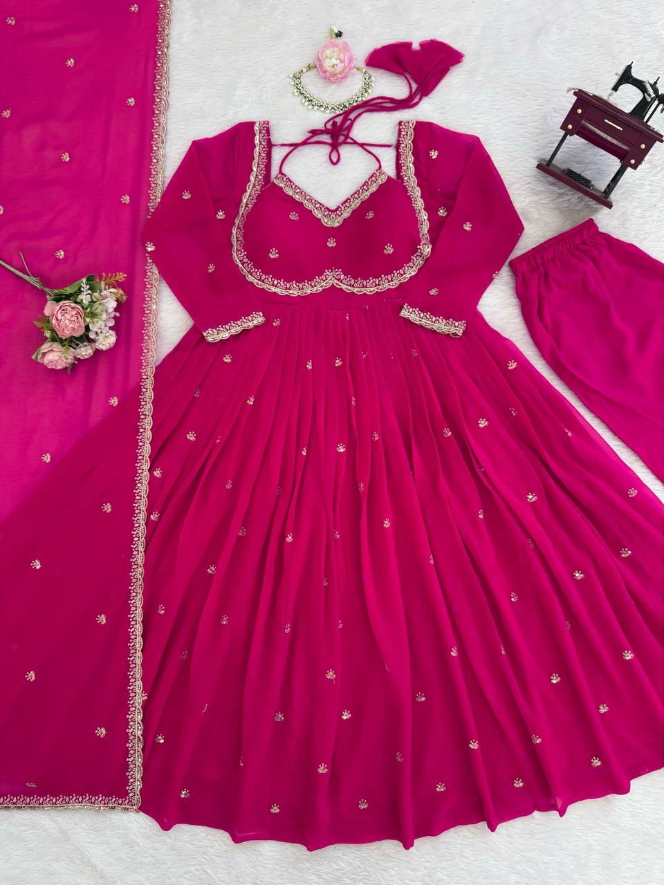 Aaliya Faux Georgette Anarkali Suit with Thread Sequin Work, 4 Meter Flair & Lace Border Dupatta