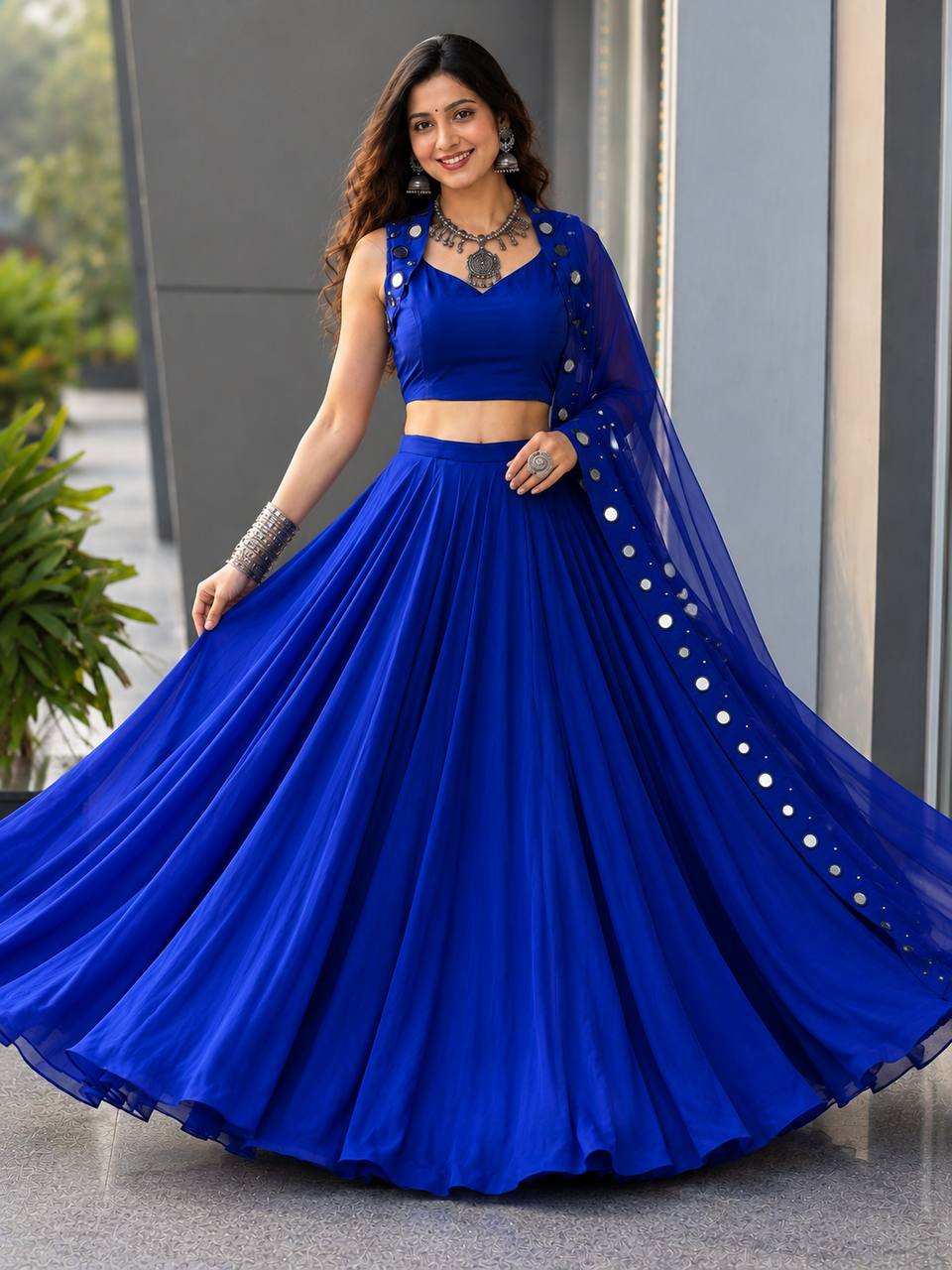 Aashvi Cotton Mirror Work Lehenga Choli with 8 Meter Flair & Embroidered Georgette Dupatta