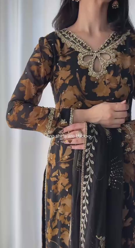 Zarvella Noor Designer Faux Georgette Embroidered Sequins Palazzo Suit with Digital Print & Lace Border Dupatta