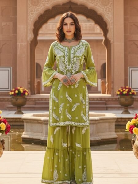 Beautiful Green Chikankari Kurta Sharara set Stitched