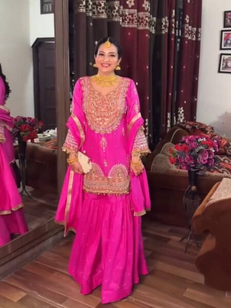 Pink Hand Work Designer Georgette Kurta Sharara Set