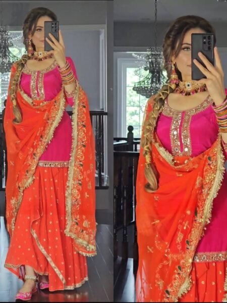 Pink & Orange Tunic Mirror Work Embroidered Georgette Kurta Dhoti Skirt Set