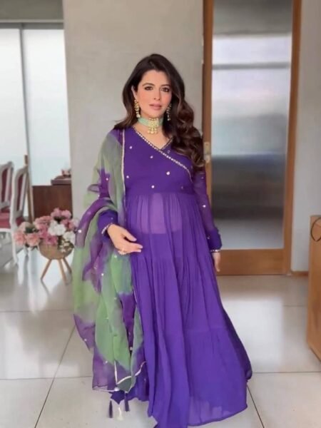 Purple Embroidered Angrakha Style Georgette Anarkali Suit set