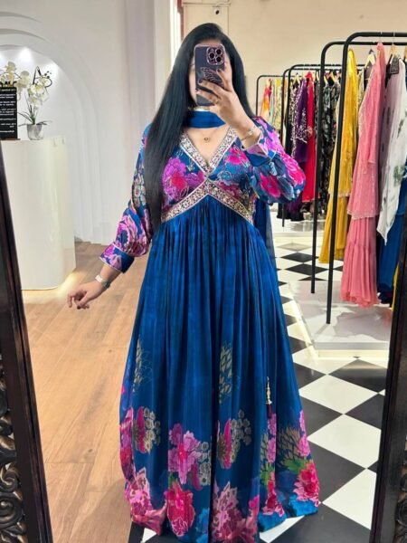 Blue Digital Print with Thread & Sequence Work Georgette Designer Suit
