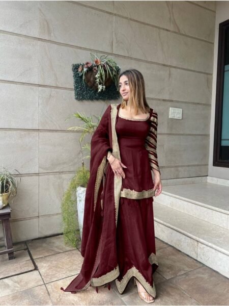 Maroon Fancy Sleeves Embroidered Sharara Set Stitched