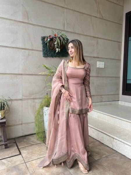 Baby Pink Fancy Sleeves Embroidered Sharara Set Stitched
