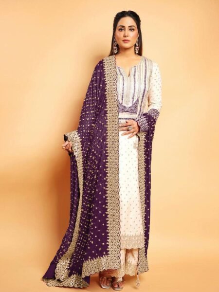Embroidered White Long Straight Kurta Palazzo set with Wine Dupatta