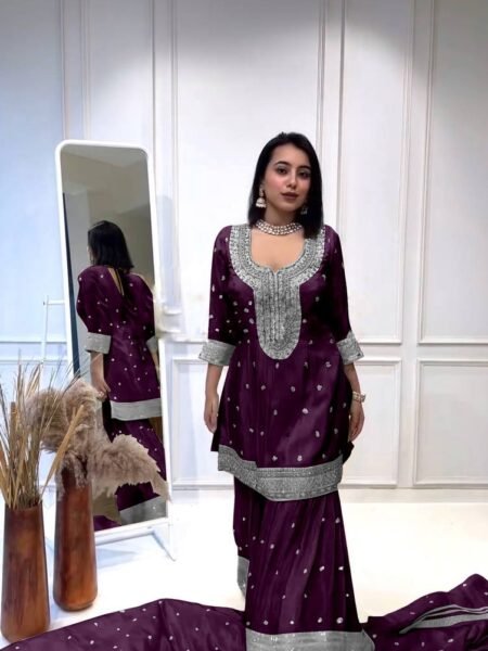 Wine Sequence Embroidered Silk Sharara Set