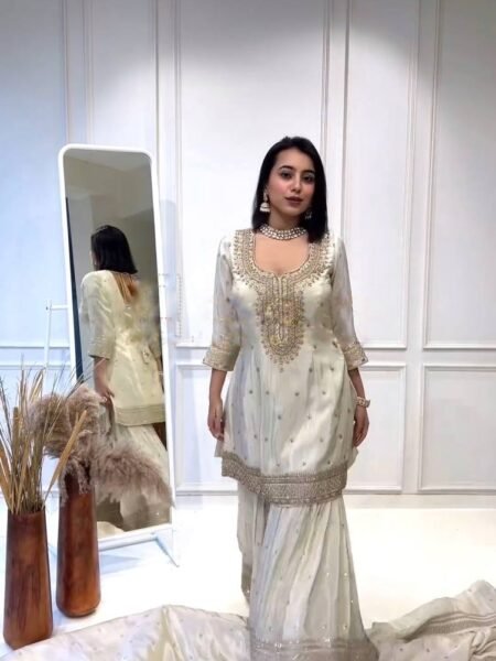 White Sequence Embroidered Silk Sharara Set