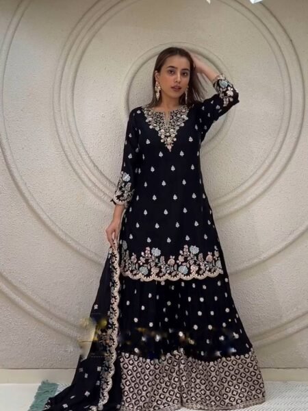 Premium Black Heavy Embroidered Sharara Set