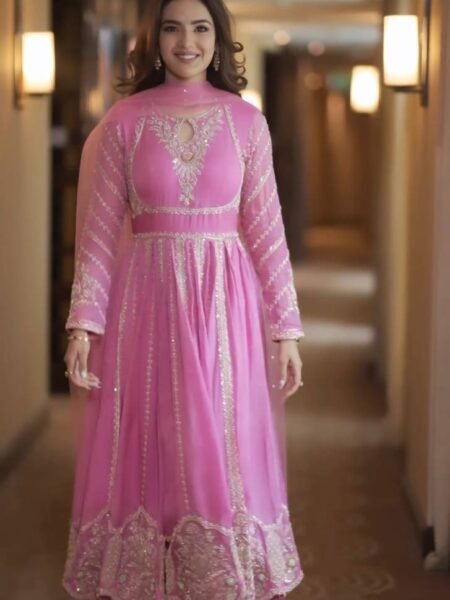 Pink Designer Embroidered Georgette Long Gown with Pant & Dupatta