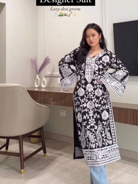Black Chain-Stitch Work Georgette Designer Suit with Pants