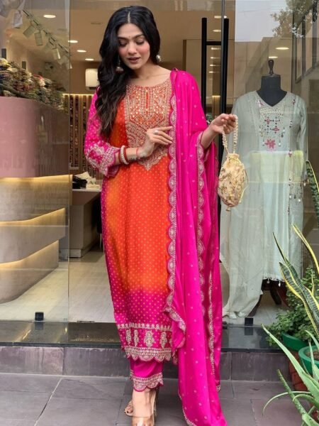 Ethnic Pink & Orange Mirror Work Embroidered Chinnon Suit Set