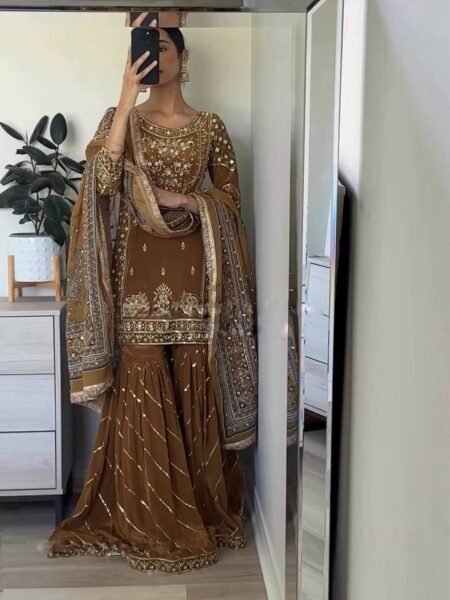 Heavy Chinnon Brown Embroidered & Digital Print Full Sleeves Silk Suit