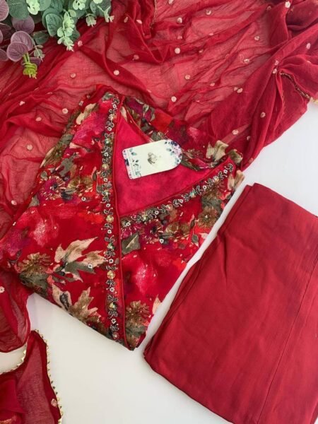 Red Digital Print Designer Suit with Muslin Cotton Pants Georgette Dupatta