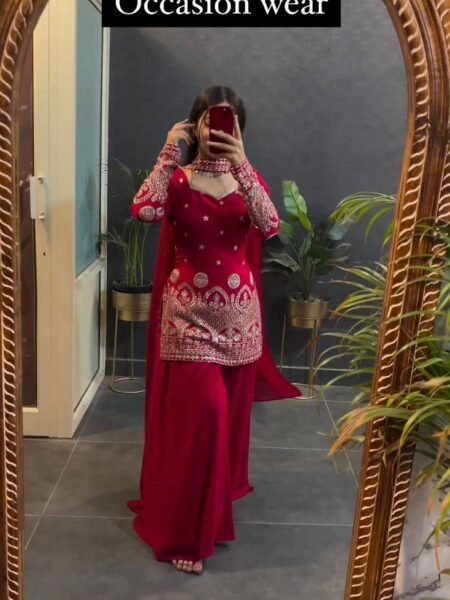 Hot Red Designer Georgette Suit with Sequence Work and Matching Sharara