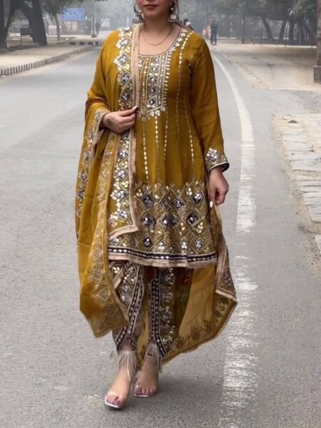 Musturd Sequin & Thread Work Chinnon Silk Designer Dhoti Suit