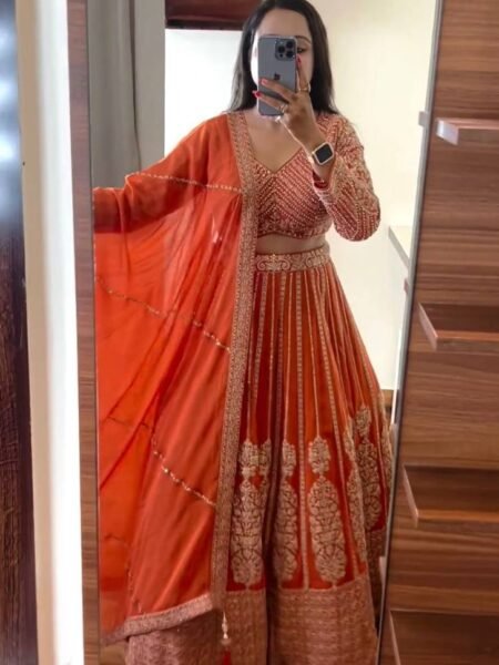 Orange Color Georgette, Thread With Sequins Work Lehenga Choli Suit Set.