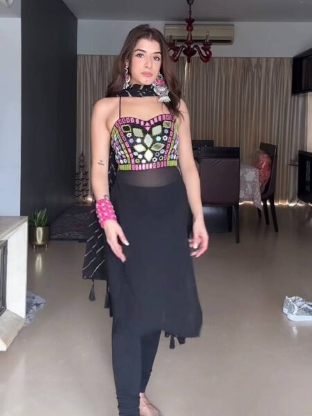 Designer Black Color Georgette & Cotton Kurti Set With Mirror Work