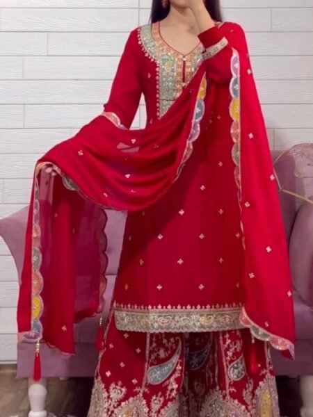 Ethnic Red Color With Chinon Silk & Sequins Embroidery Kurta Sharara Set