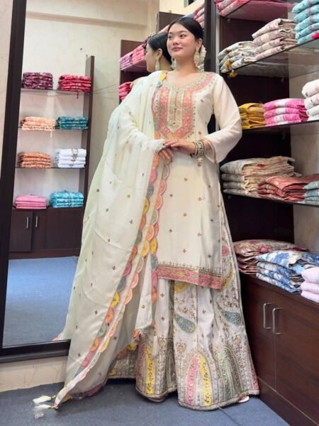 Ethnic White Color With Chinon Silk & Sequins Embroidery Kurta Sharara Set