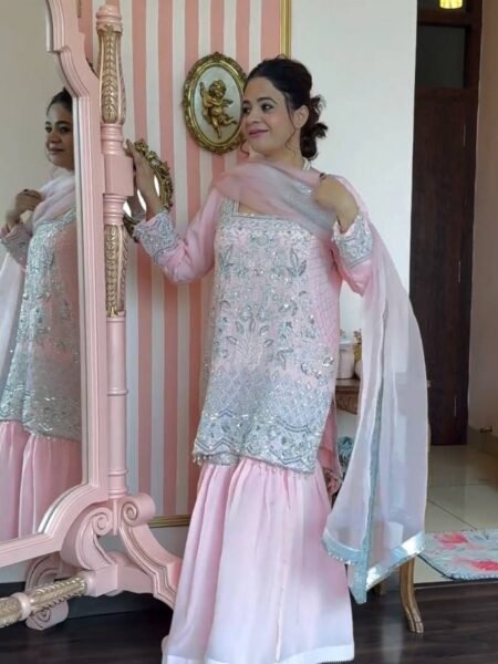 Beautiful Sequins Embroidered Bridesmaids Kurta Sharara Set in Pink Color