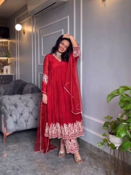 Ethnic Designer Red Color Anarkali in Chinon Silk With Embroidery Work