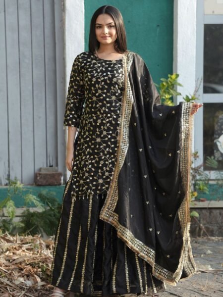 Chino Kurti & Lehenga Set - Black Sequins Embroidered Fully Stitched Suit for Ocassions