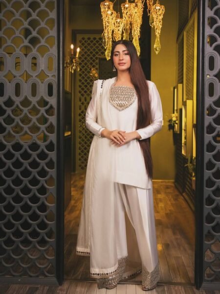 French Crepe with Real Mirror Work Kurta Palazzo Set for Festivals