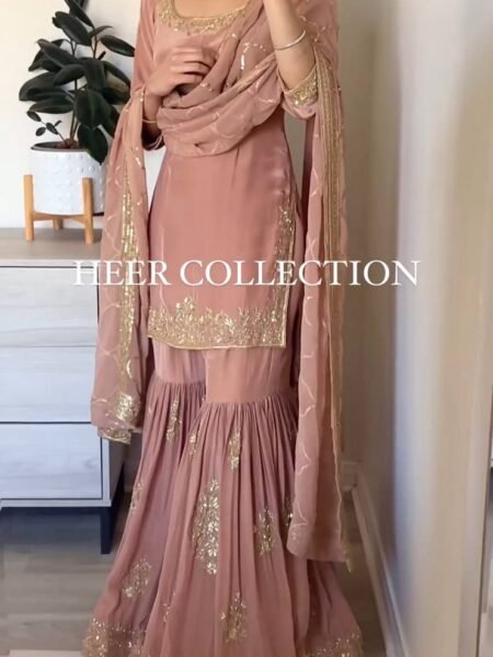Heavy Sequins Embroidered Kurta Sharara Suit Set in Pink Color With Georgette Fabric