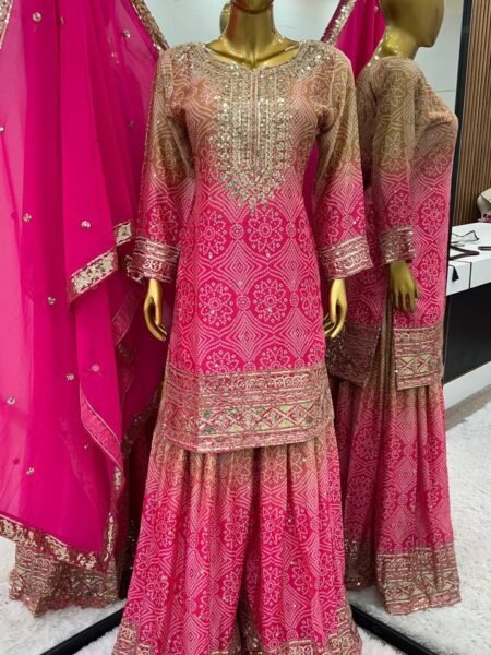 Designer Chinonic Kurta Sharara Suit Set With Sequins Embroidery in Pink Color