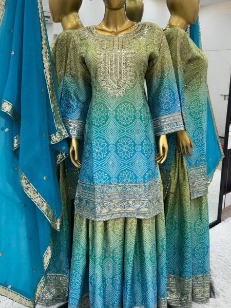 Designer Chinonic Kurta Sharara Suit Set With Sequins Embroidery in Blue Color