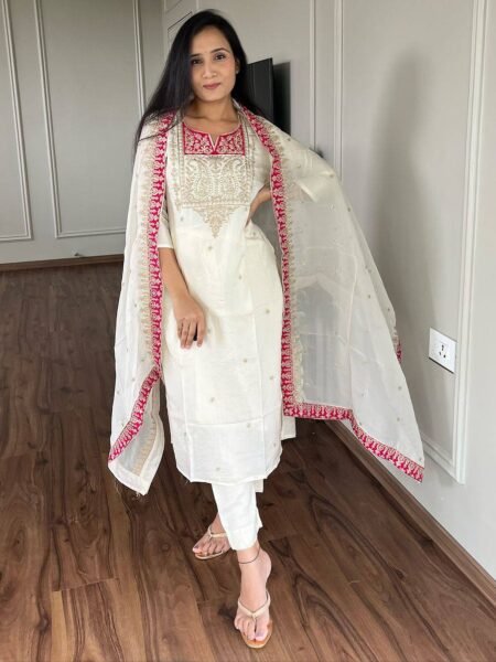 White Color Sequins Embroidered Designer Kurta Palazzo Suit Set in Chinon Silk