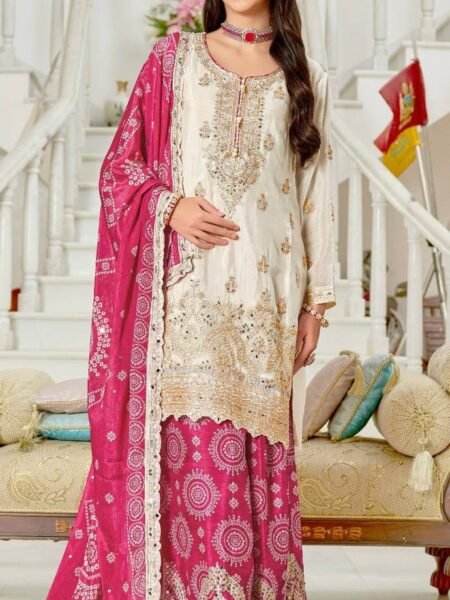 Chinon Kurta Sharara Suit - Ethnic Sequins & Mirror Work Set with Pink Dupatta