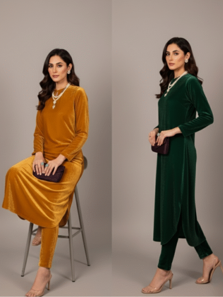 Modest Premium Golden and Bottle Green Plain Velvet Long Straight Kurta Pant Set