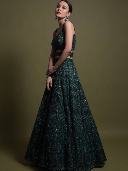 Designer Green Thread & Sequins Work Lehenga Choli Set with Belt
