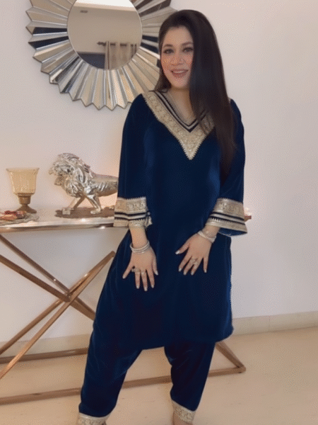 Designer Blue Velvet Embroidered and Lace work Kurta Palazzo Set