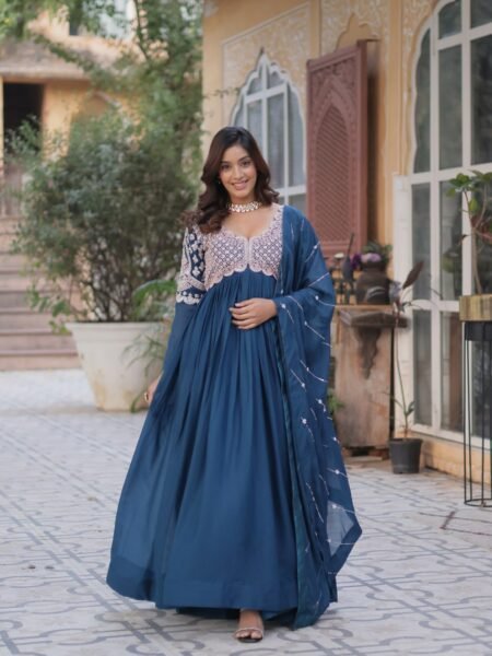 Elegant Blue Georgette Gown & Dupatta with Beads & Sequins Embroidery Work