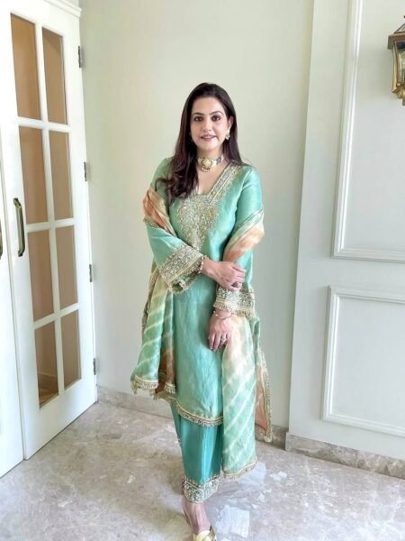 Rich Crunchy Silk Palazzo Suit with Sequin, Rivet Moti Work & Digital Print Dupatta