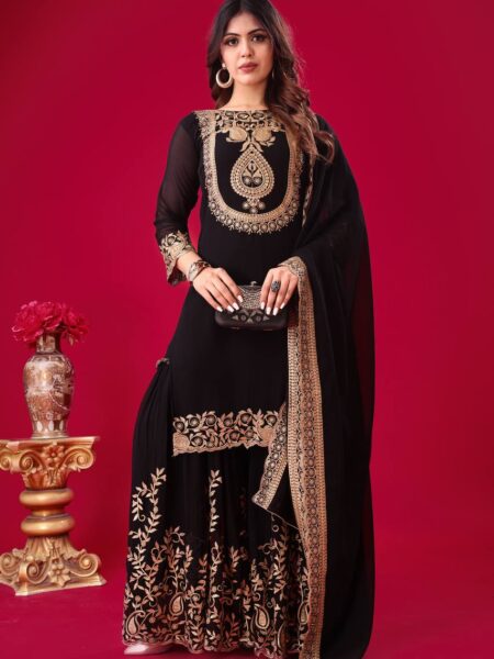 Black Georgette Kurta Sharara Set with Thread, Sequins Work & Embroidered Dupatta