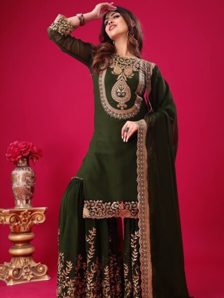 Green Georgette Kurta Sharara Set with Thread, Sequins Work & Embroidered Dupatta