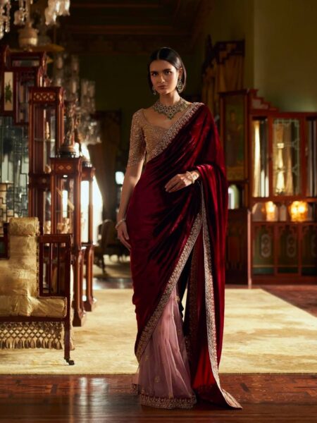 Velvet Saree - Premium Thread & Sequins Embroidery work for Weddings