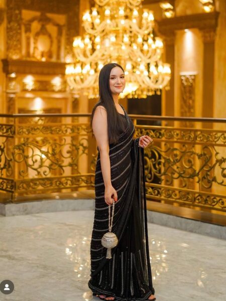 Georgette Saree - Black Banglori Satin Blouse with Zari Embroidery for Weddings