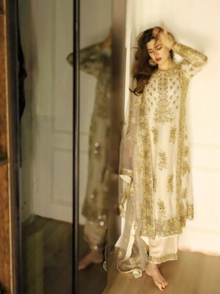 Georgette Kurta Sharara Set - White Sequins Embroidered Round Neck Kurta for Occasions