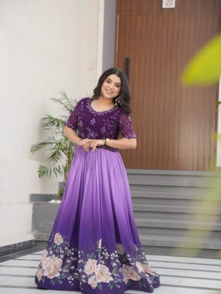 Blooming Gown - Purple Beads Embroidered with Floral Digital Print