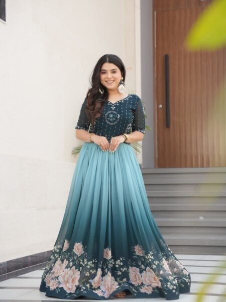 Blooming Gown - Blue Beads Embroidered with Floral Digital Print