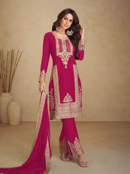 Chinon Silk Multi Needle & Sequins Embroidered Red Straight Fit
